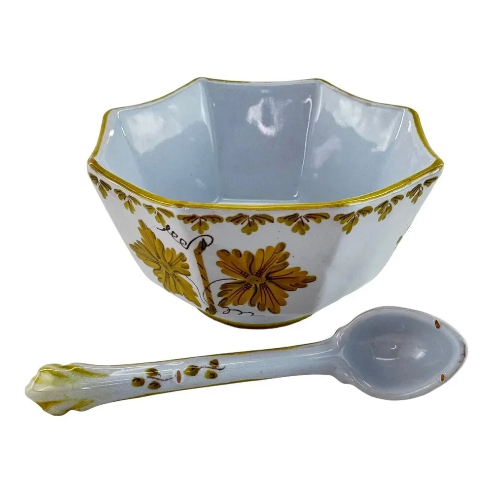 Vintage Mid Century Italian Octagon Soup Bowl Spoon Golden Leaves Made In Italy